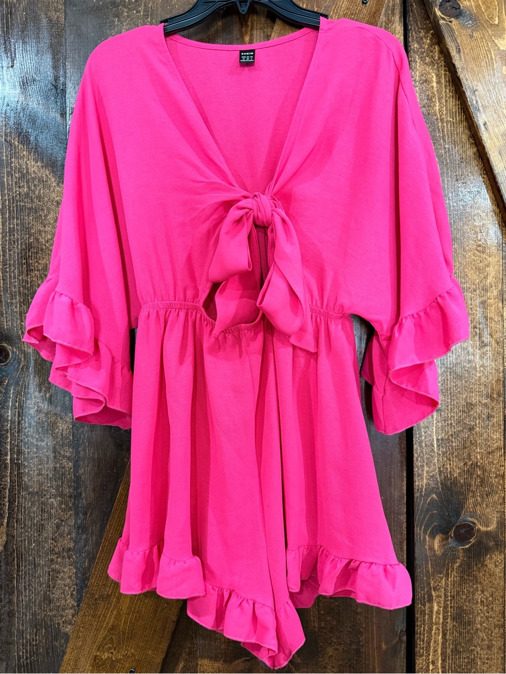 SHEIN Bright Fuchsia Tie-Front Ruffled Romper